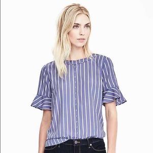 Banana Republic Blue + White Flutter Sleeve Blouse